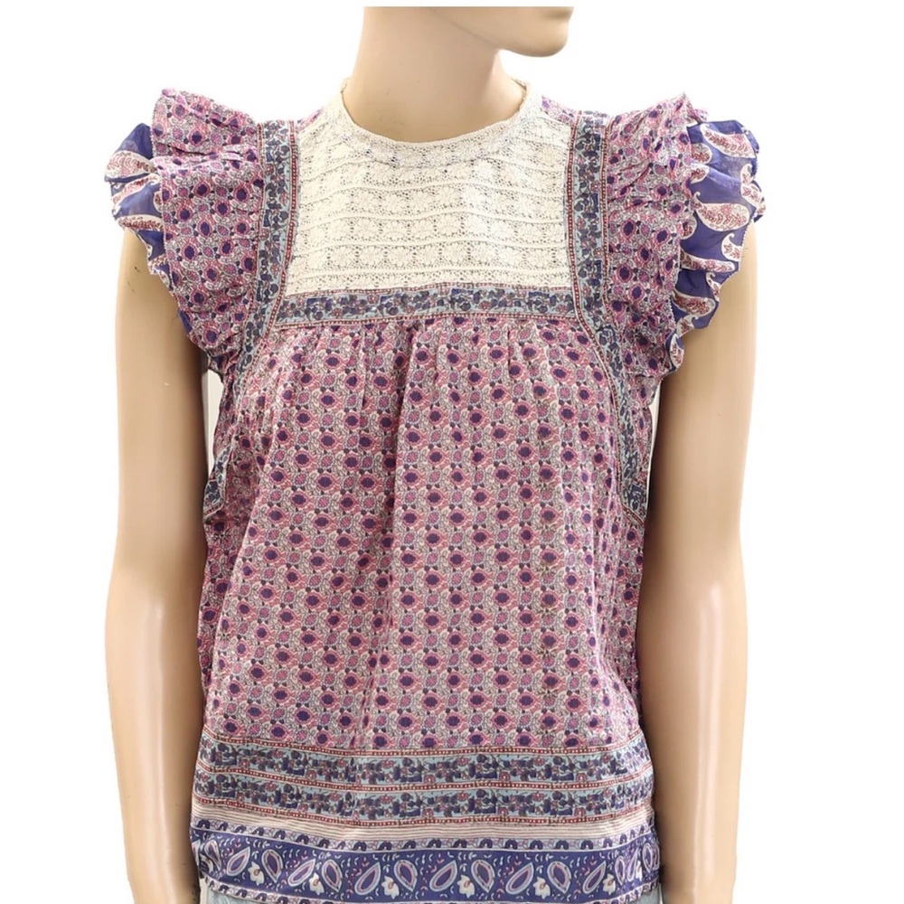 Sea New York Purple Floral Lace Yoke Flutter Sleeve Top